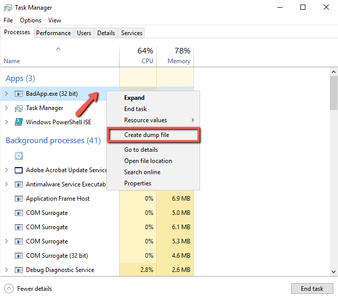 How to collect dump from the process
