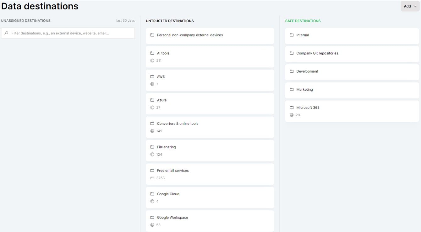 Predefined data classifications, policies, and destinations groups in ...